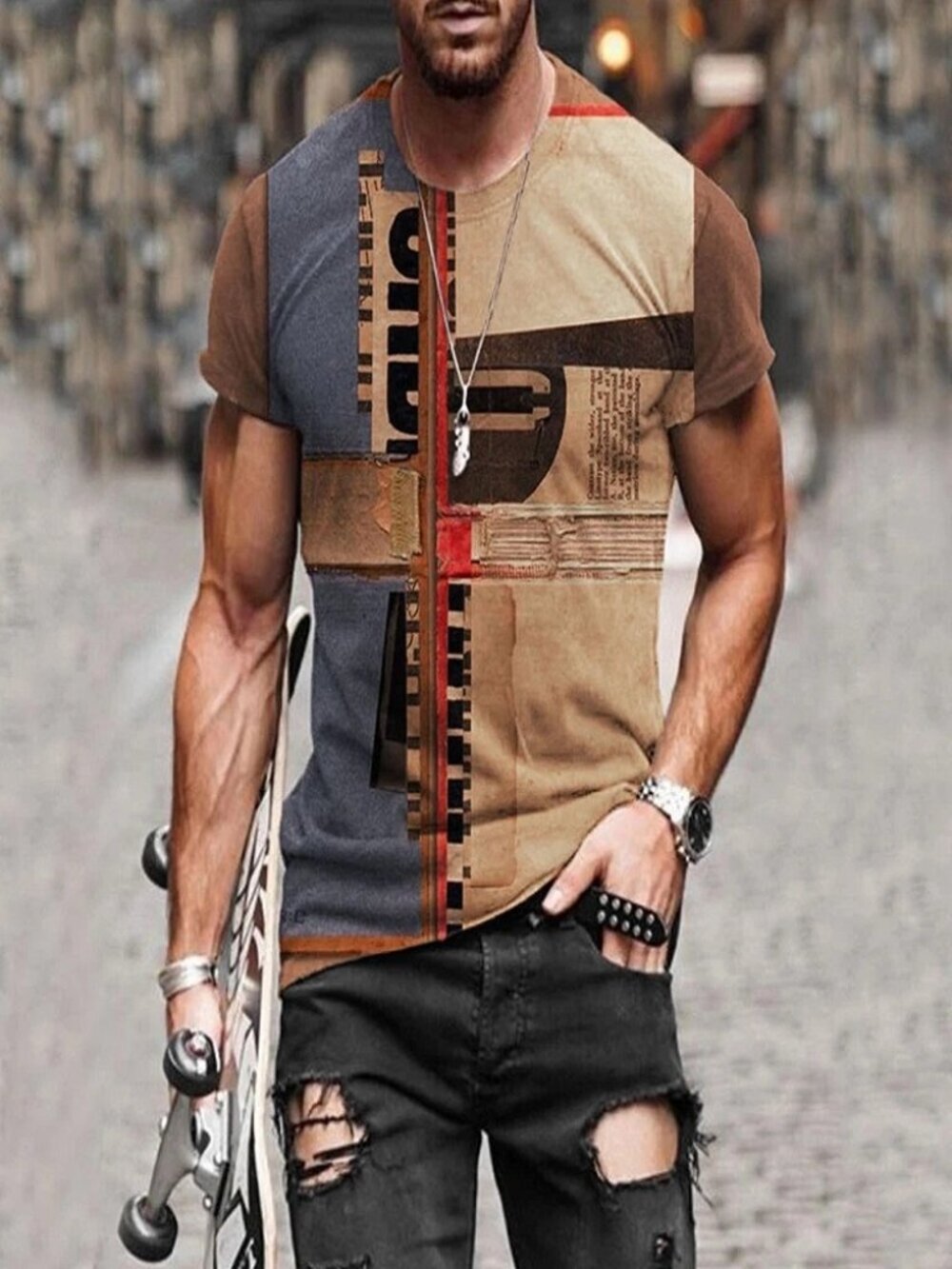 T-Shirt Mens Vintage Printed Short Sleeve Blouse Summer Casual Fitness Tops Tee - Picture 6 of 12
